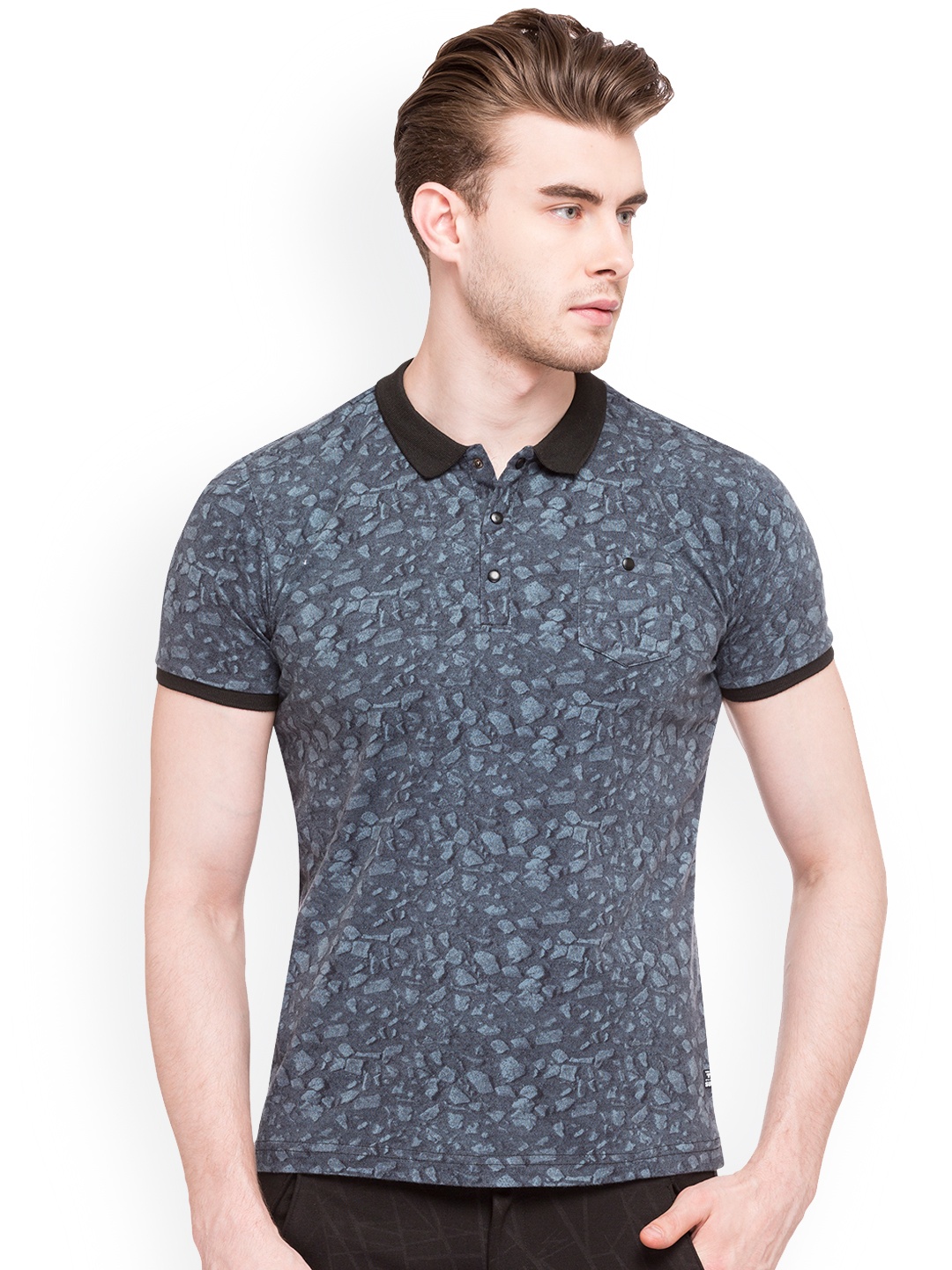 

Status Quo Men Grey Printed Polo Collar Pure Cotton T-shirt