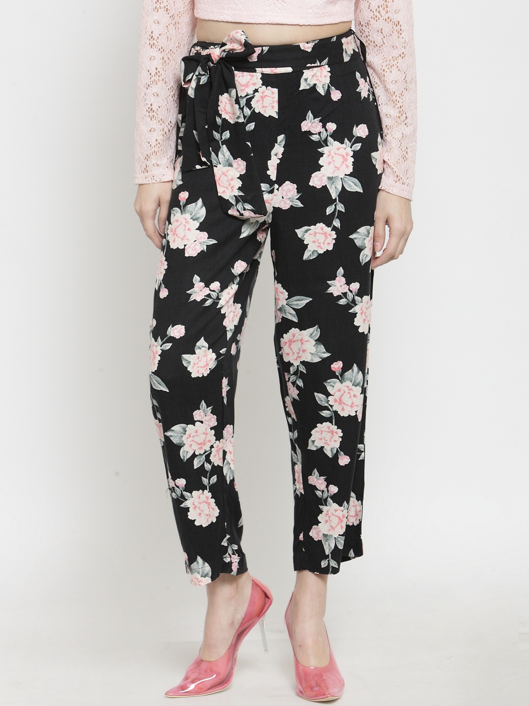 

Sera Women Black & Pink Tapered Fit Printed Parallel Trousers