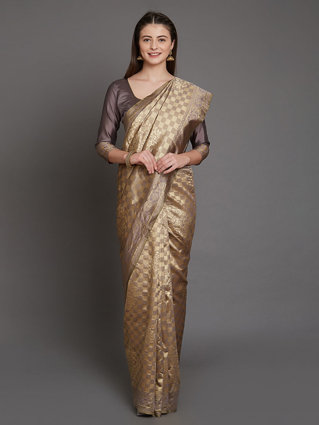 

Mitera Gold-Toned & Grey Silk Blend Woven Design Saree