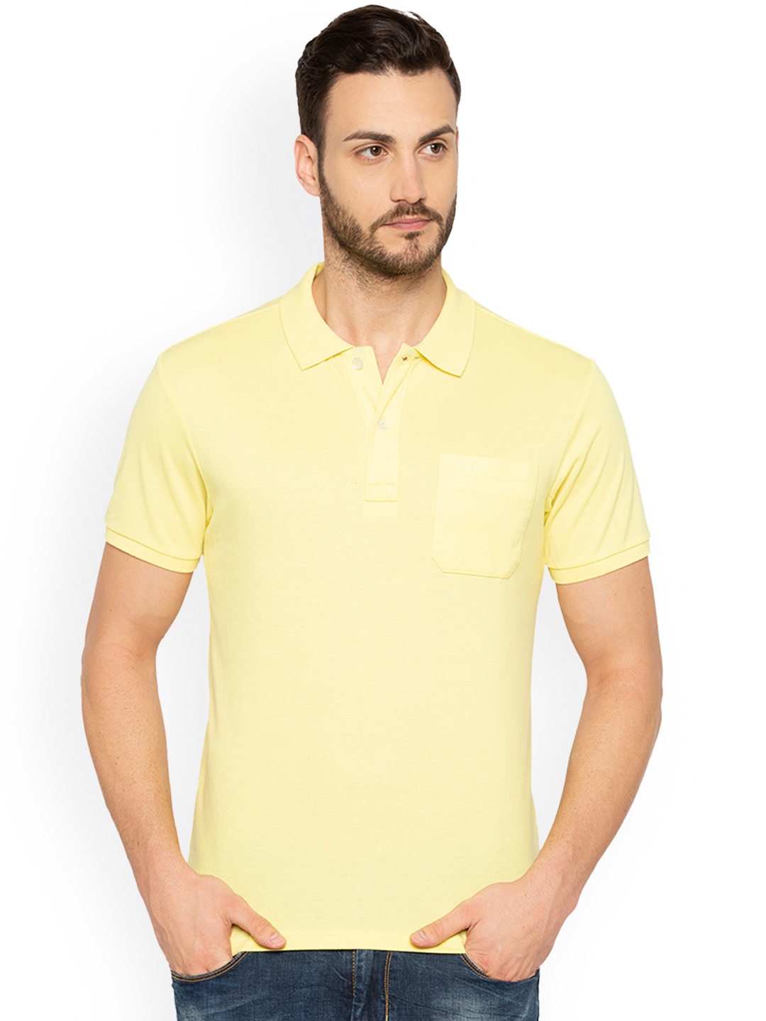 

Status Quo Men Yellow Solid Polo Collar Pure Cotton T-shirt