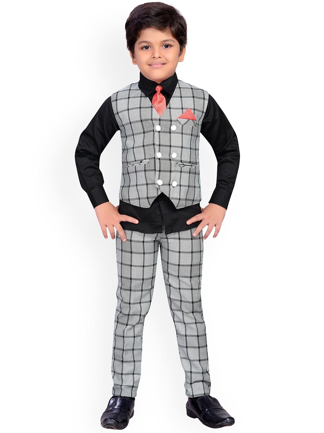 

Aj DEZInES Boys Black & Grey Solid Shirt with Trousers