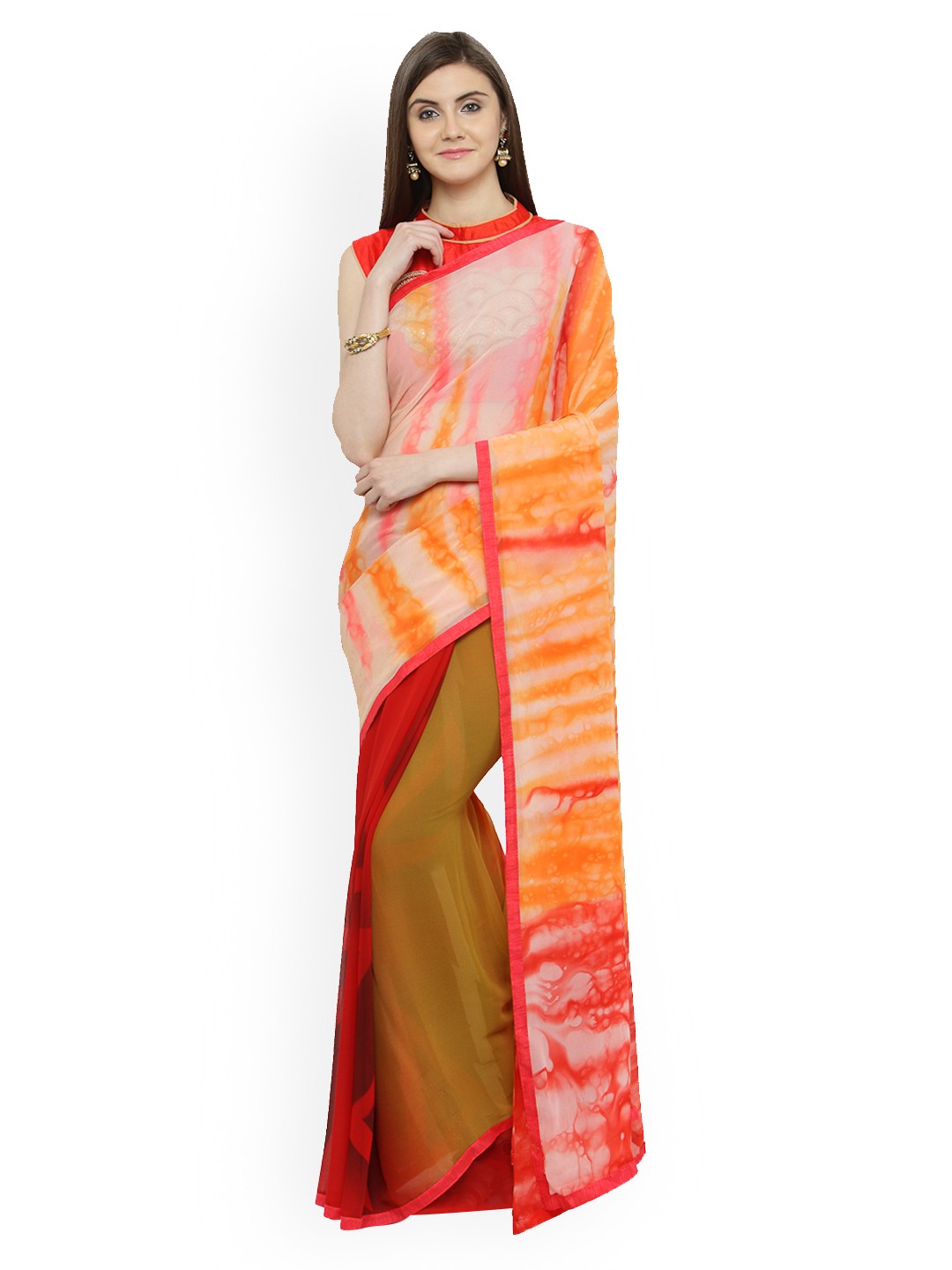 

Shaily Beige & Red Pure Georgette Printed Saree