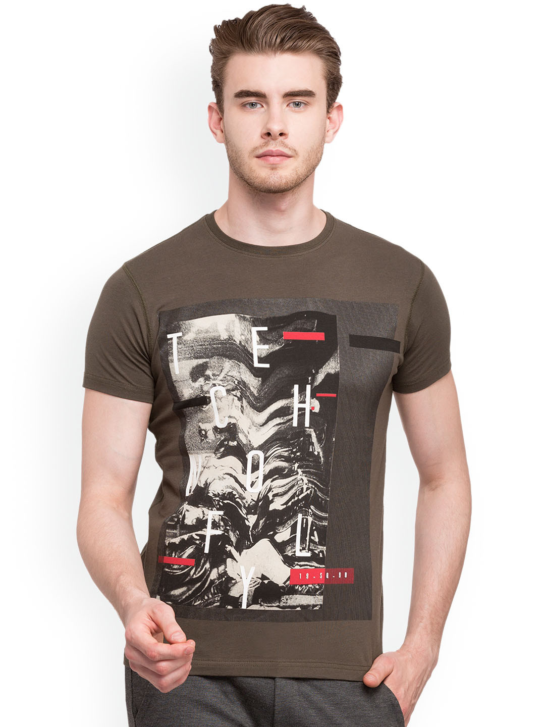 

Status Quo Men Coffee Brown Printed Round Neck Slim Fit Pure Cotton T-shirt