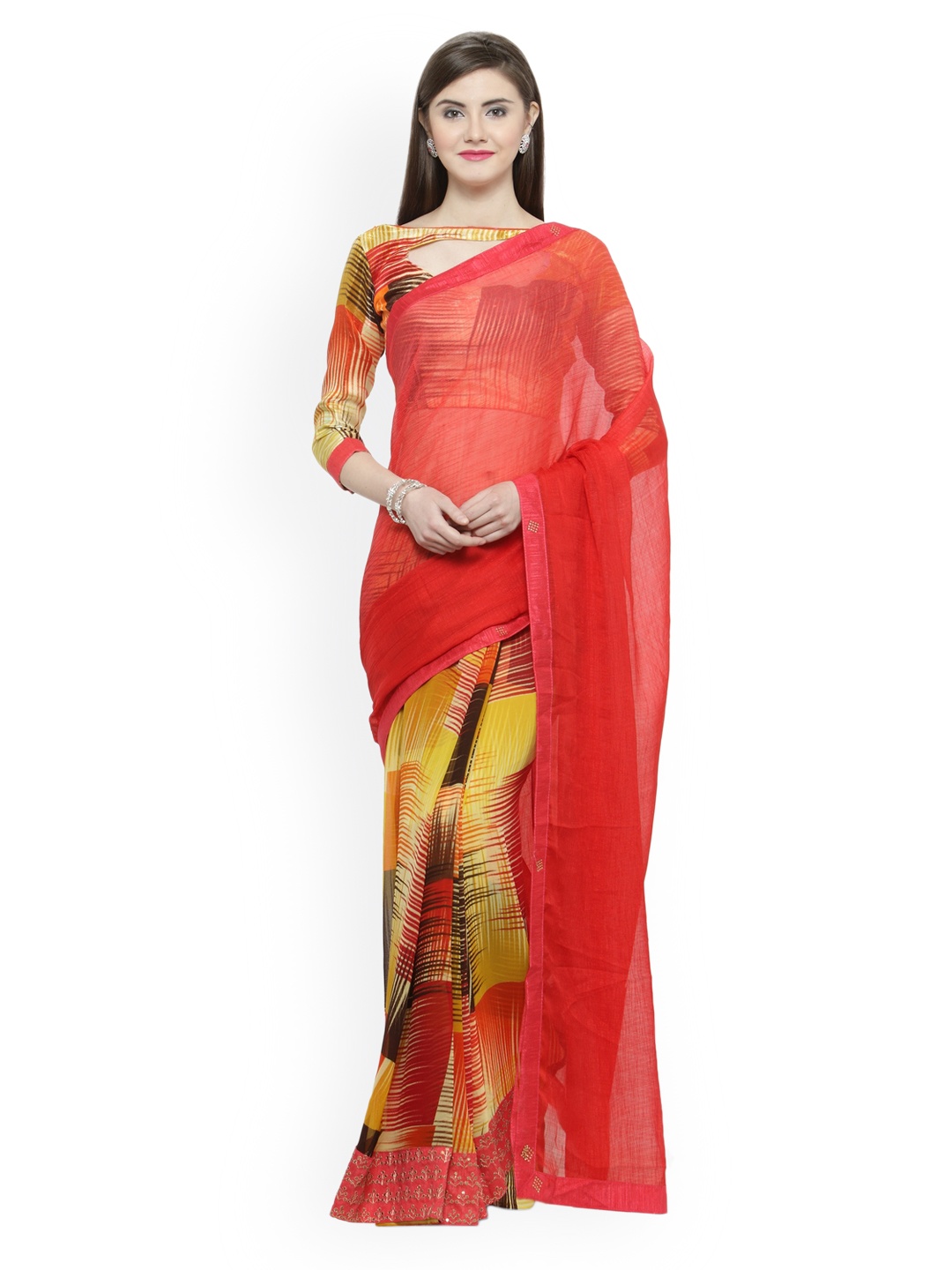

Shaily Red & Yellow Pure Georgette Printed Saree