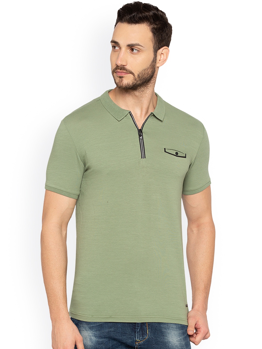 

Status Quo Men Green Solid Slim Fit Polo Collar Pure Cotton T-shirt