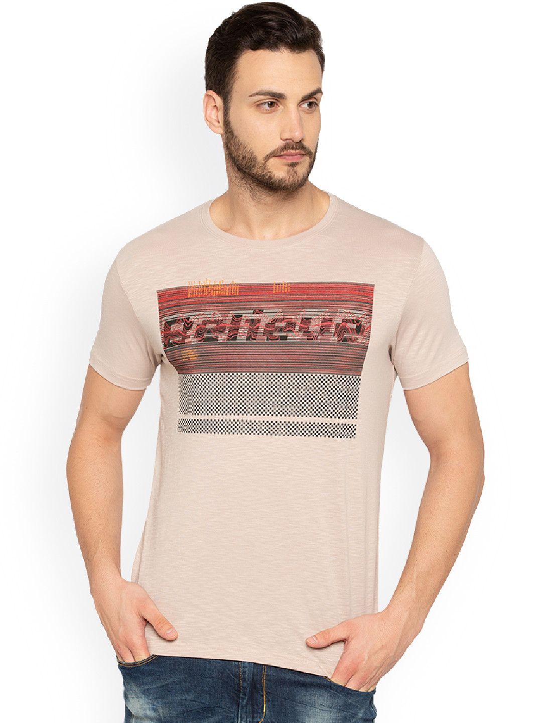 

Status Quo Men Beige Printed Round Neck Slim Fit Pure Cotton T-shirt