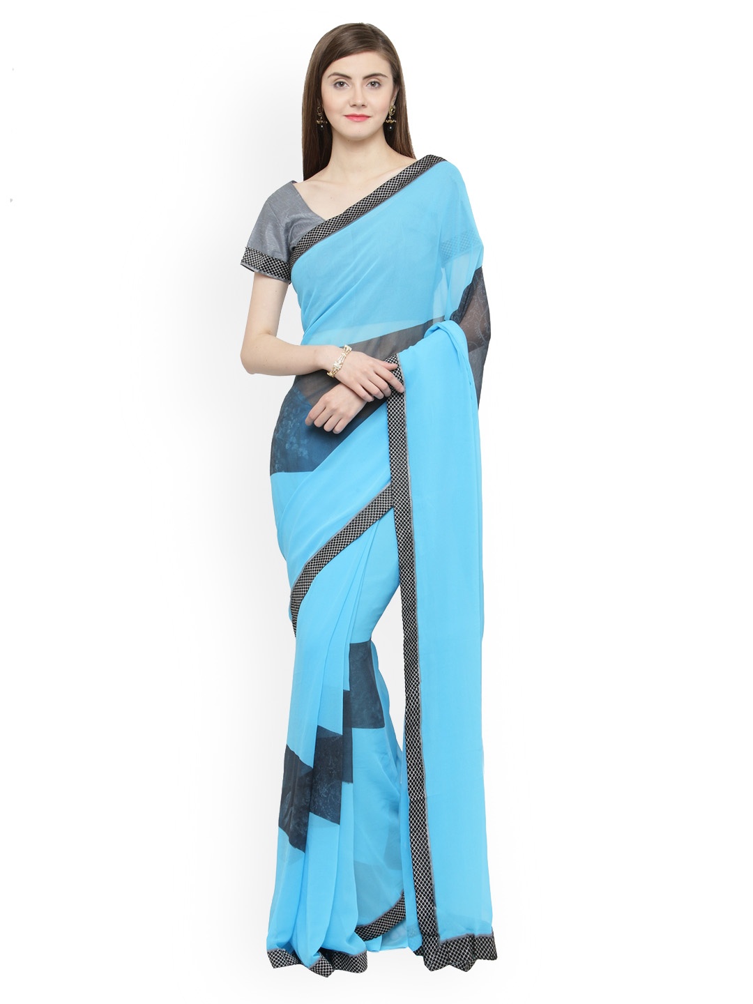 

Shaily Turquoise Blue & Black Pure Georgette Solid Saree