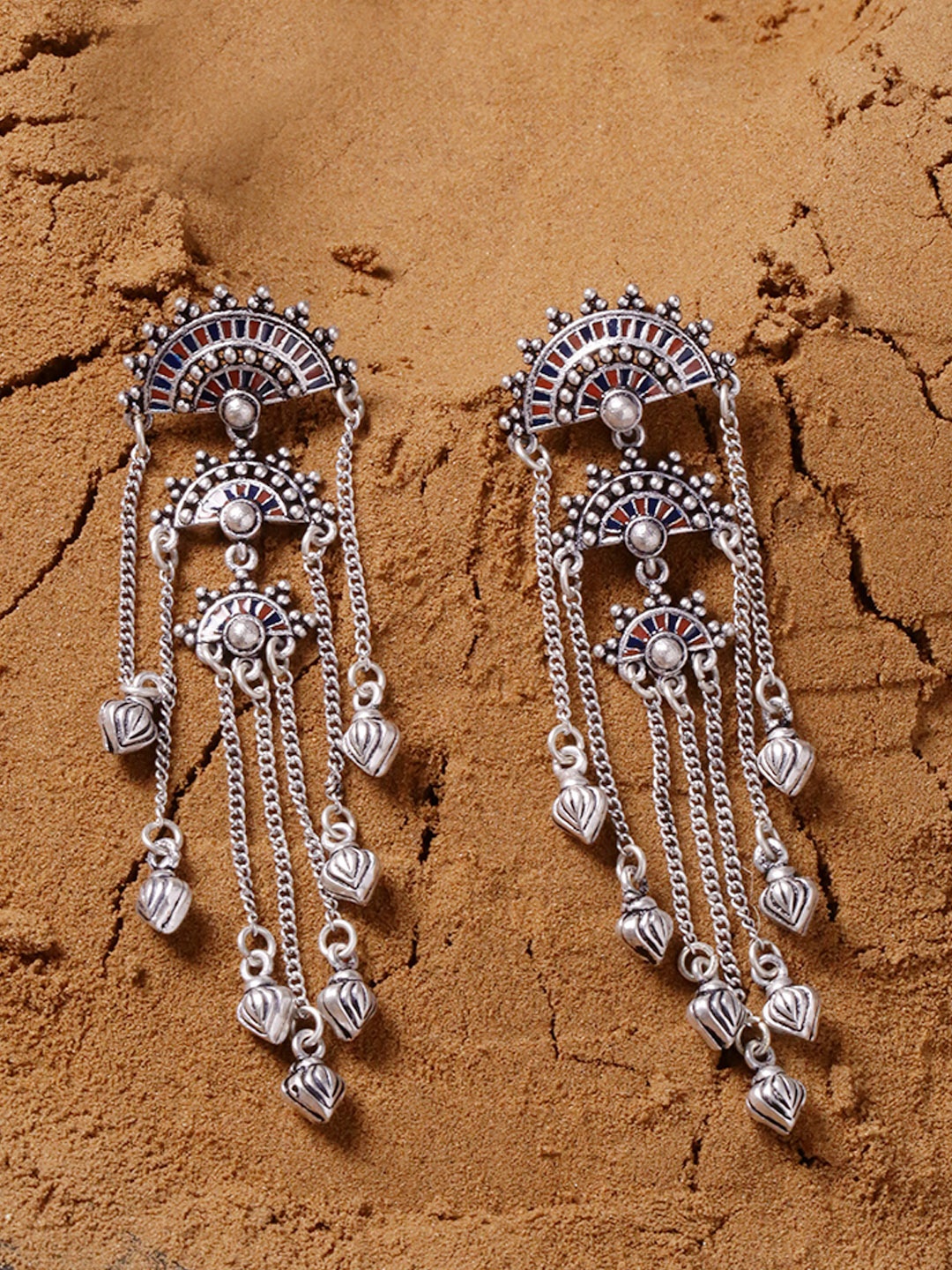Voylla Silver-Plated Oxidised Contemporary Drop Earrings