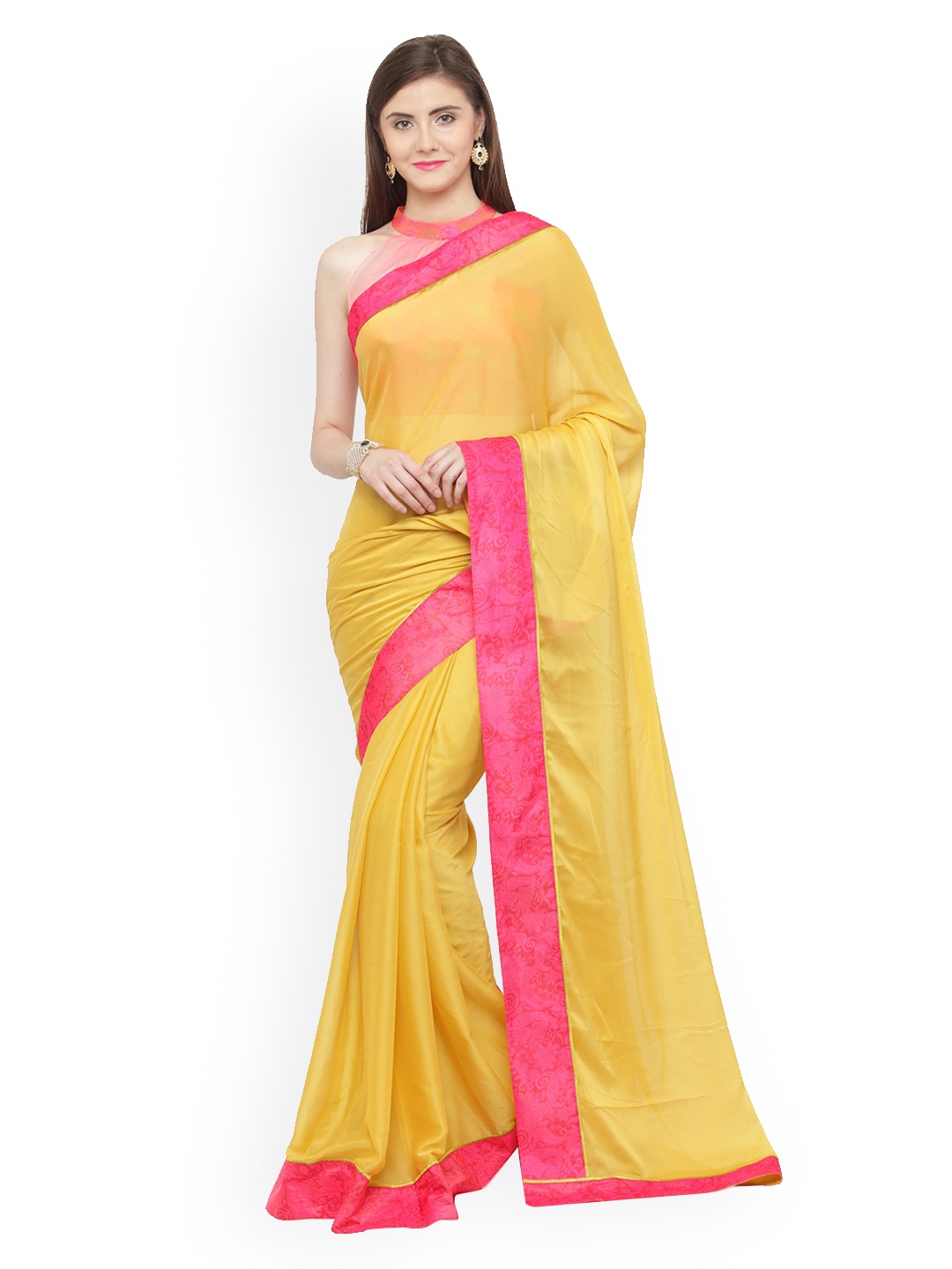 

Shaily Yellow Solid Satin Saree
