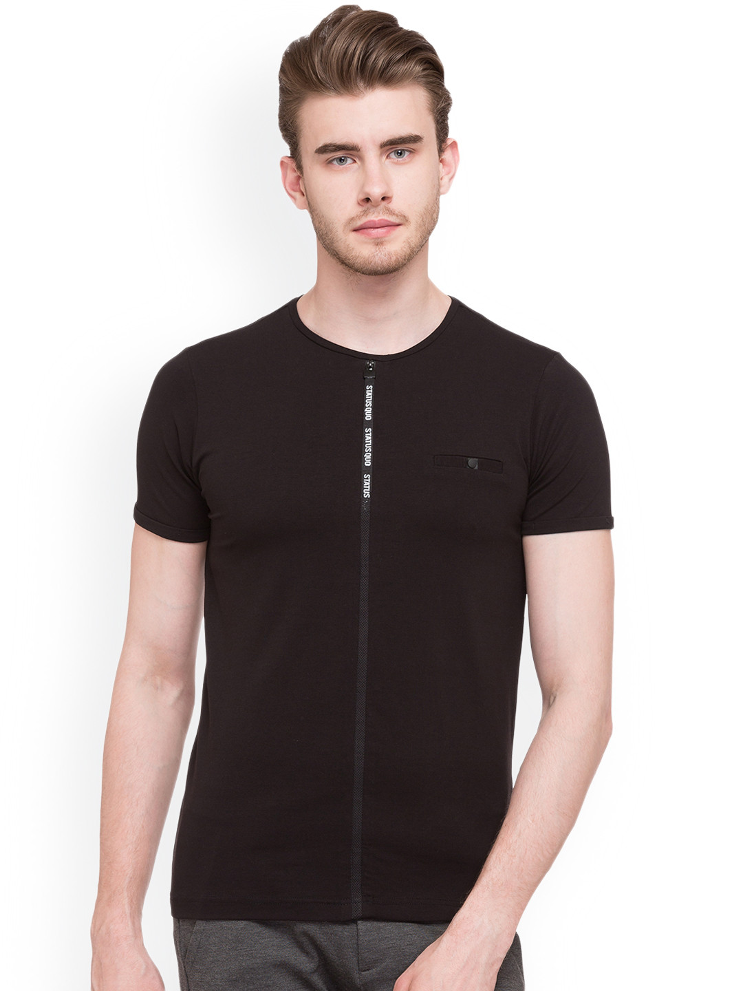 

Status Quo Men Black Solid Slim Fit Round Neck Pure Cotton T-shirt