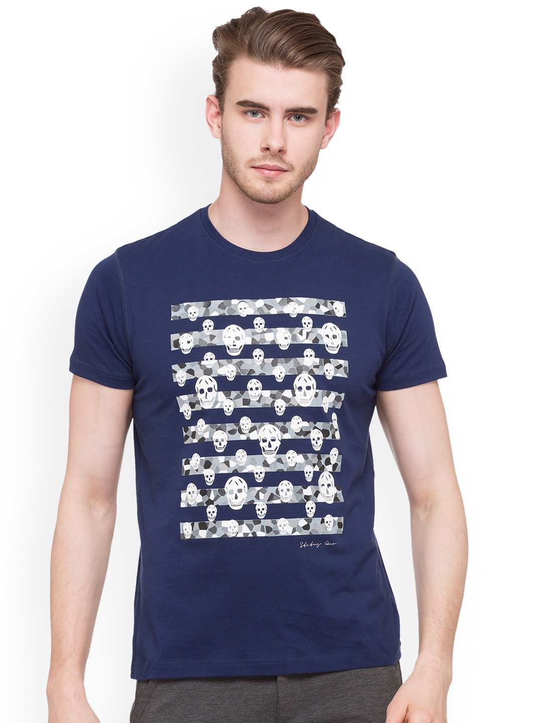 

Status Quo Men Blue Printed Slim Fit Round Neck Pure Cotton T-shirt