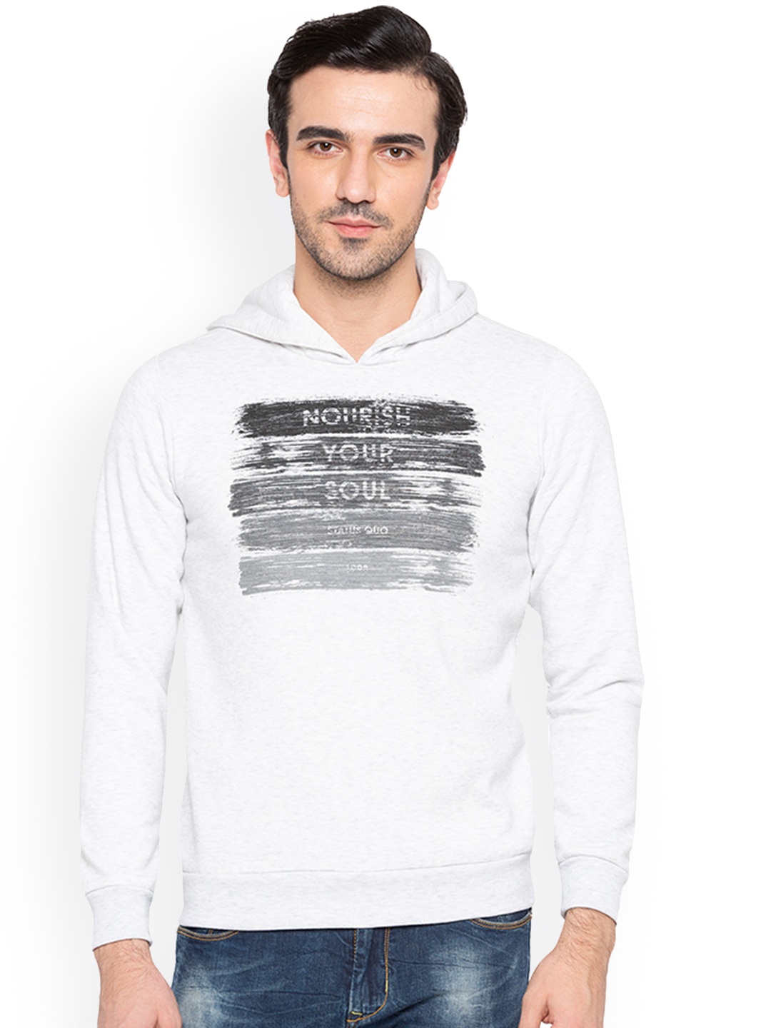 

Status Quo Men White Printed Hooded Sweatshirt
