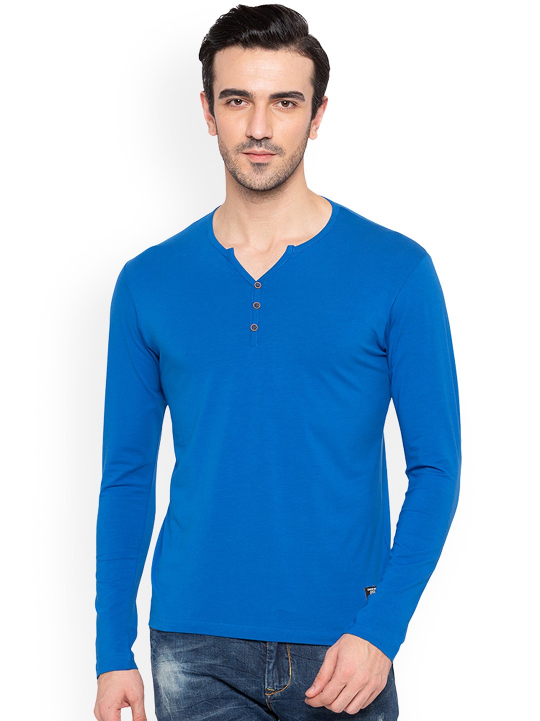 

Status Quo Men Blue Solid Henley Neck Pure Cotton T-shirt