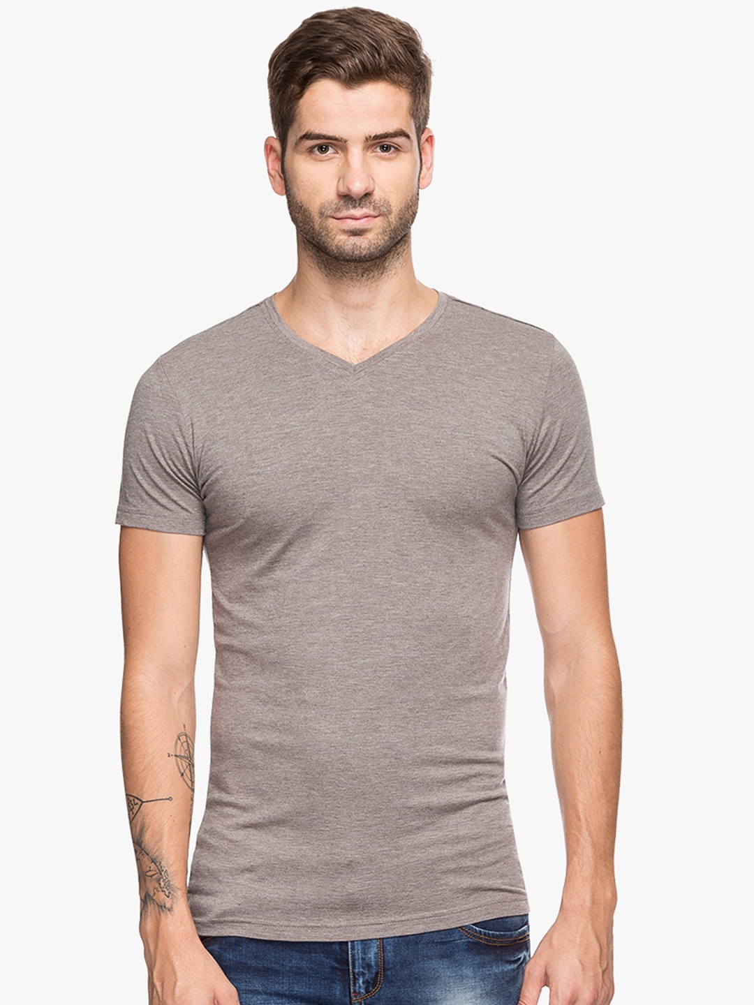 

Status Quo Men Taupe Solid V-Neck Slim Fit Pure Cotton T-shirt