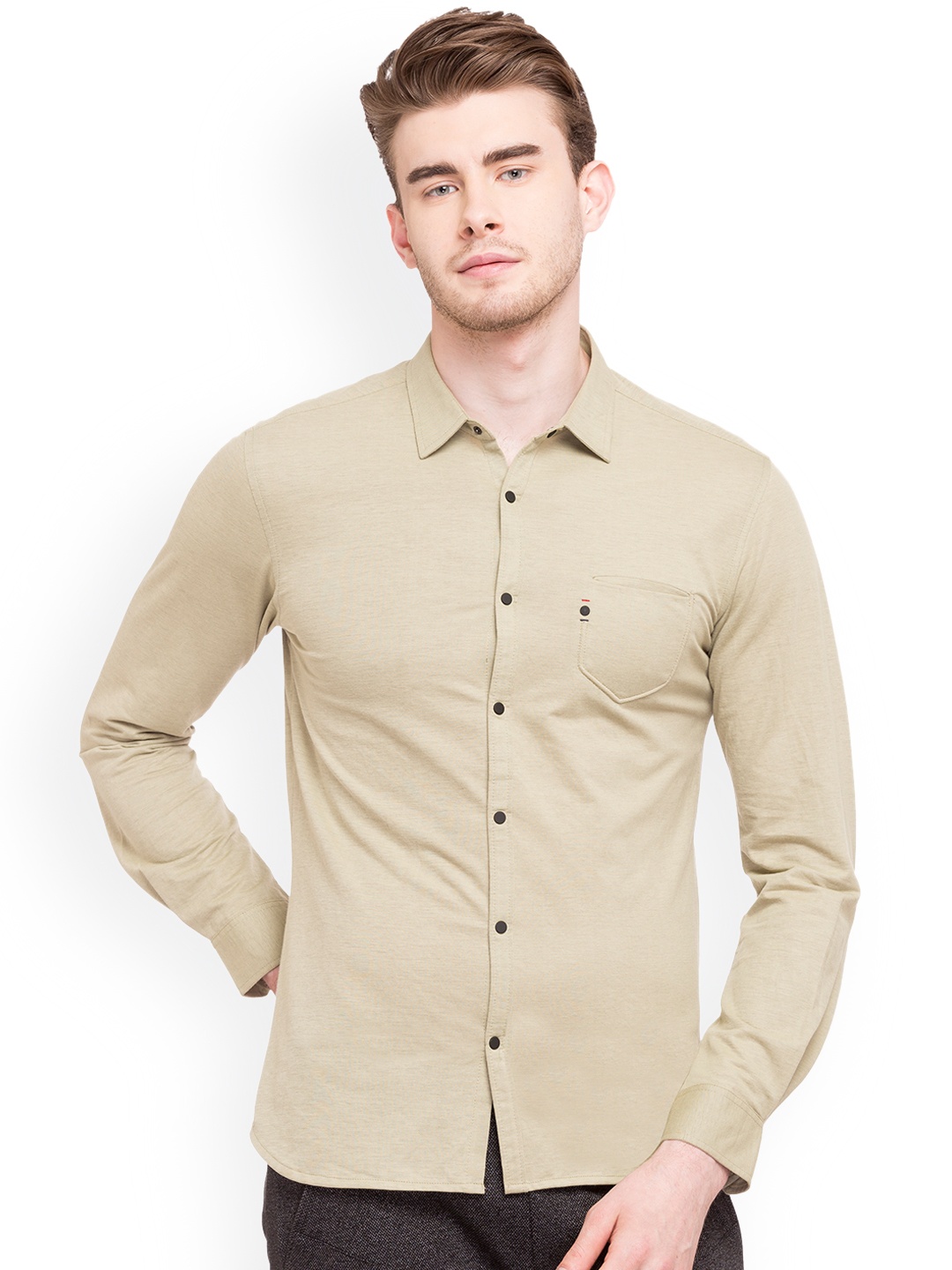 

Status Quo Men Khaki Comfort Slim Fit Solid Casual Shirt
