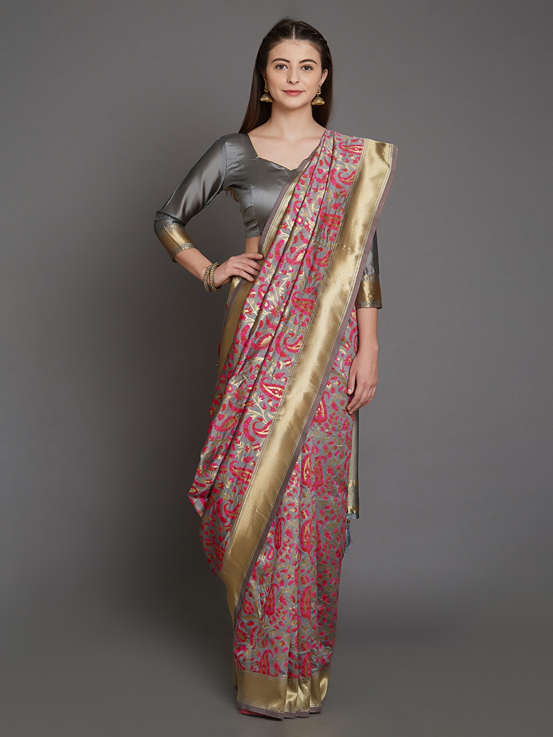 Mitera Grey & Pink Silk Blend Woven Design Saree