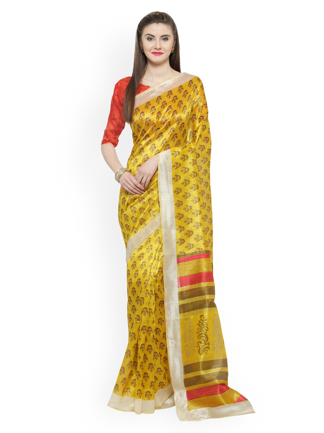 

Shaily Yellow & Pink Silk Cotton Printed Saree