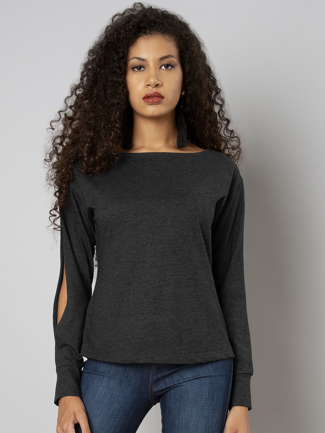 

FabAlley Women Charcoal Self Design Top