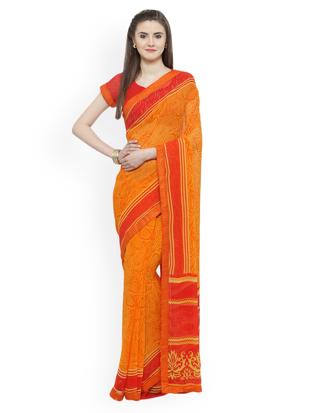 

Shaily Orange & Red Pure Georgette Printed Saree
