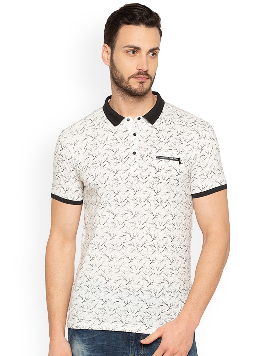 

Status Quo Men Off-White Printed Polo Collar Pure Cotton T-shirt