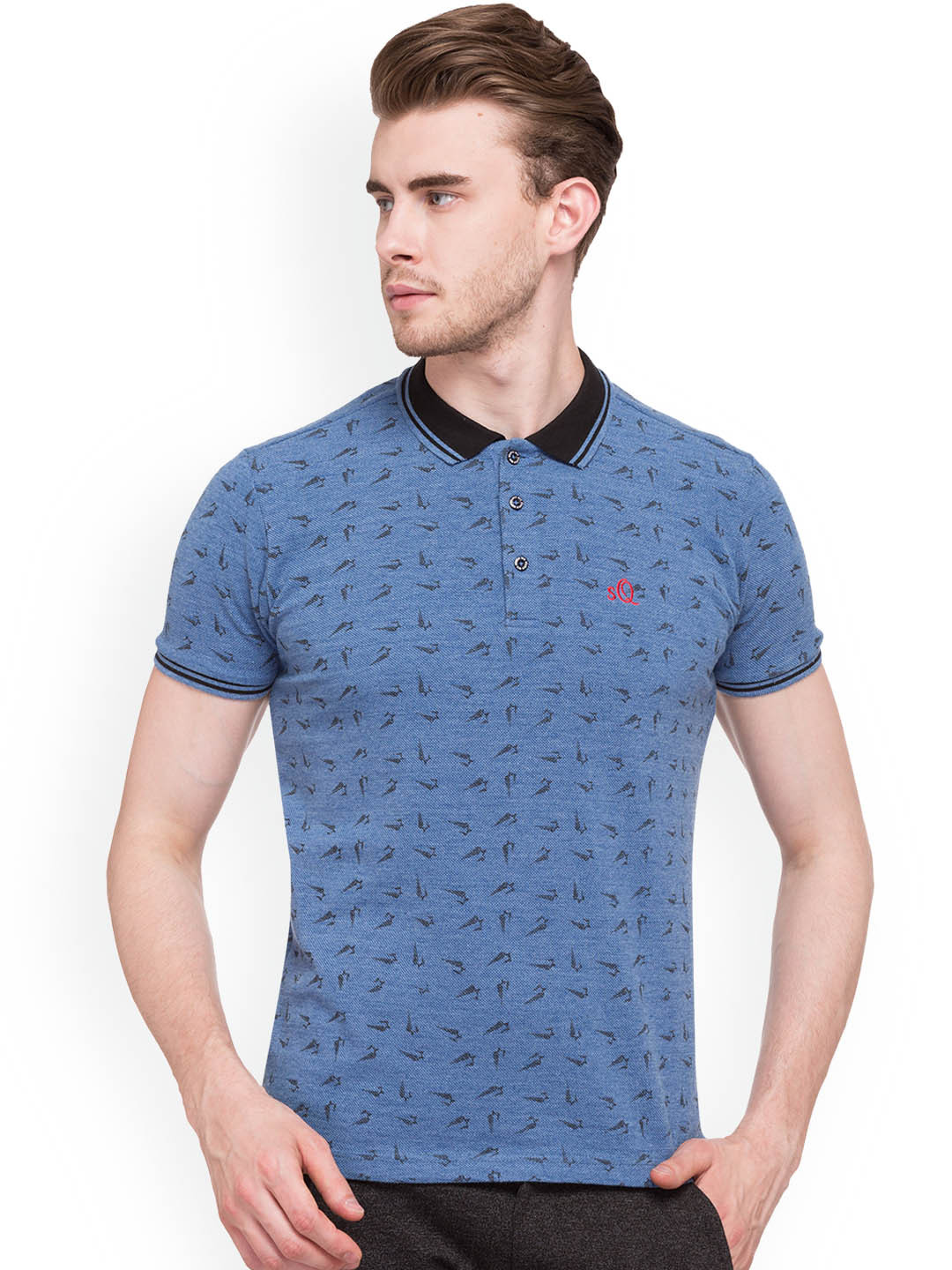 

Status Quo Men Blue Printed Slim Fit Polo Collar Pure Cotton T-shirt