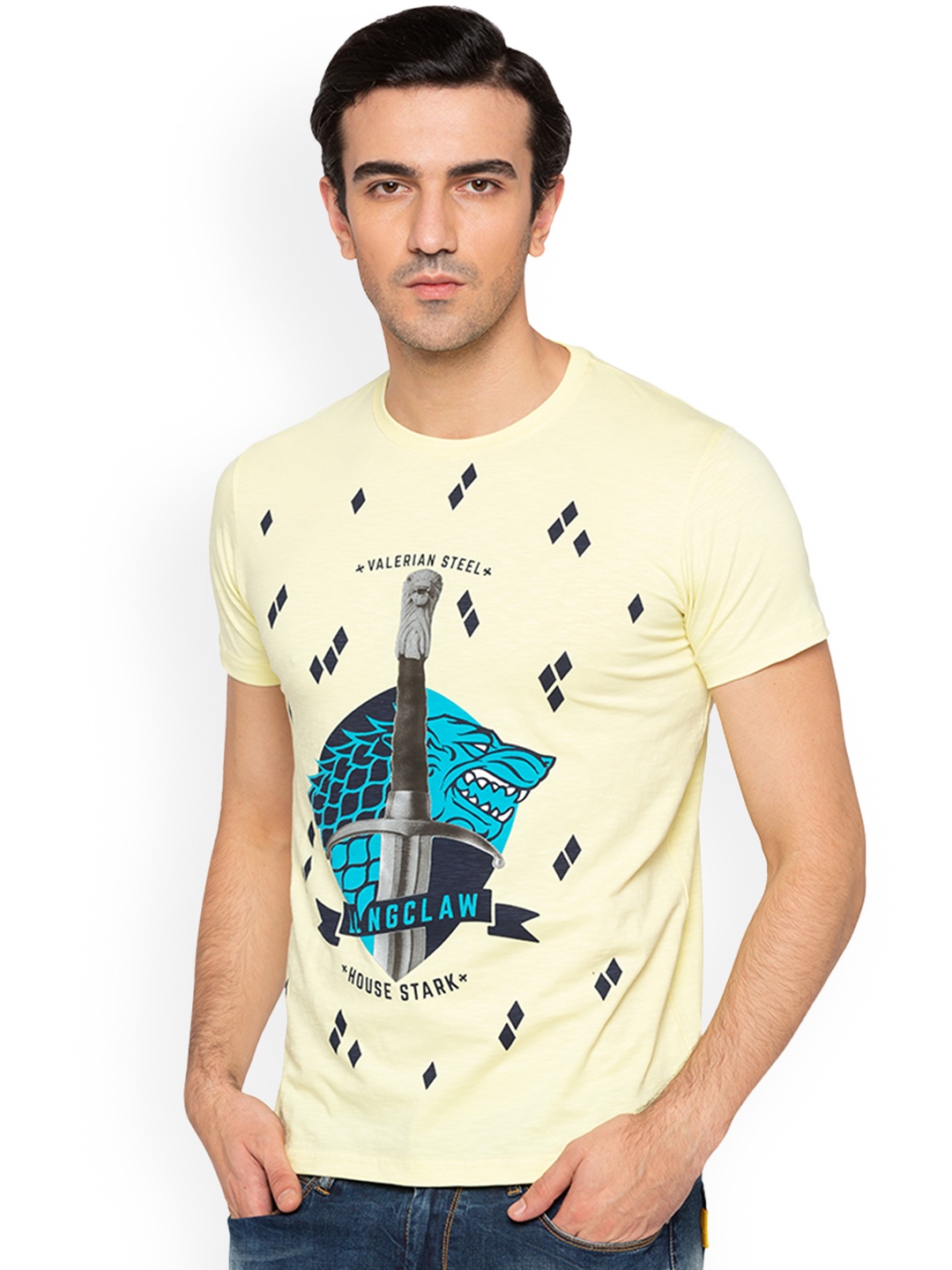 

Status Quo Men Yellow Printed Round Neck Pure Cotton T-shirt