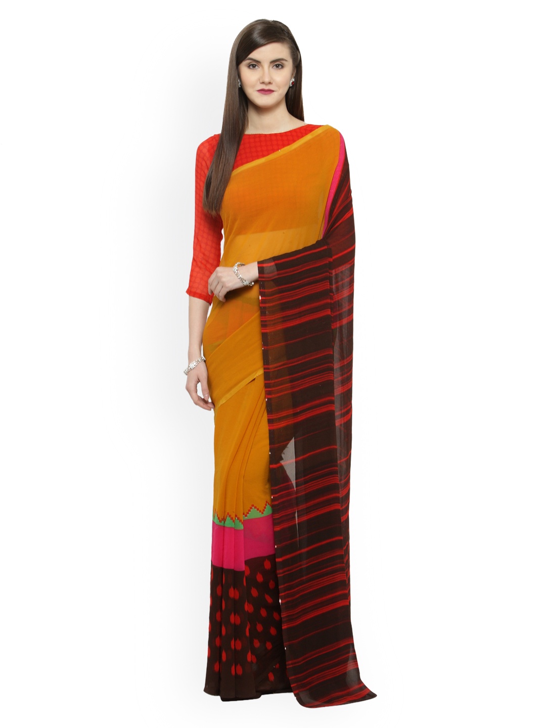 

Shaily Mustard Orange Solid Pure Georgette Saree
