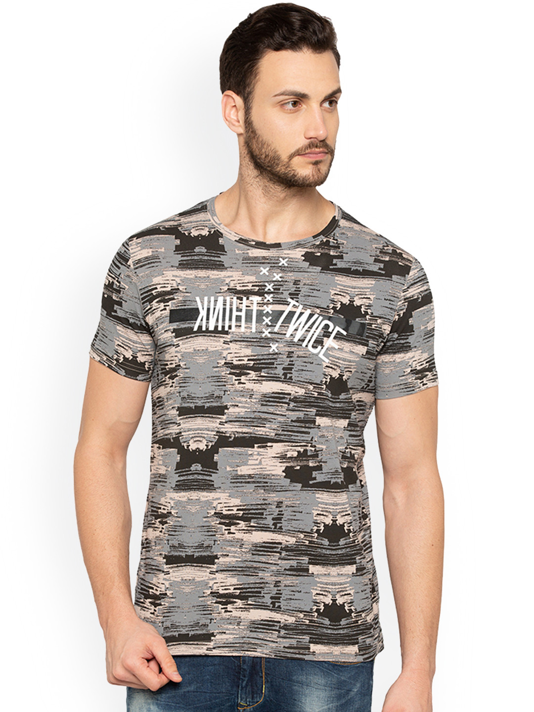 

Status Quo Men Grey Black Printed Slim Fit Round Neck Pure Cotton T-shirt