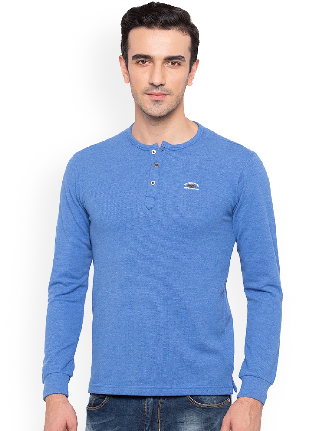 

Status Quo Men Blue Solid Henley Neck Pure Cotton T-shirt