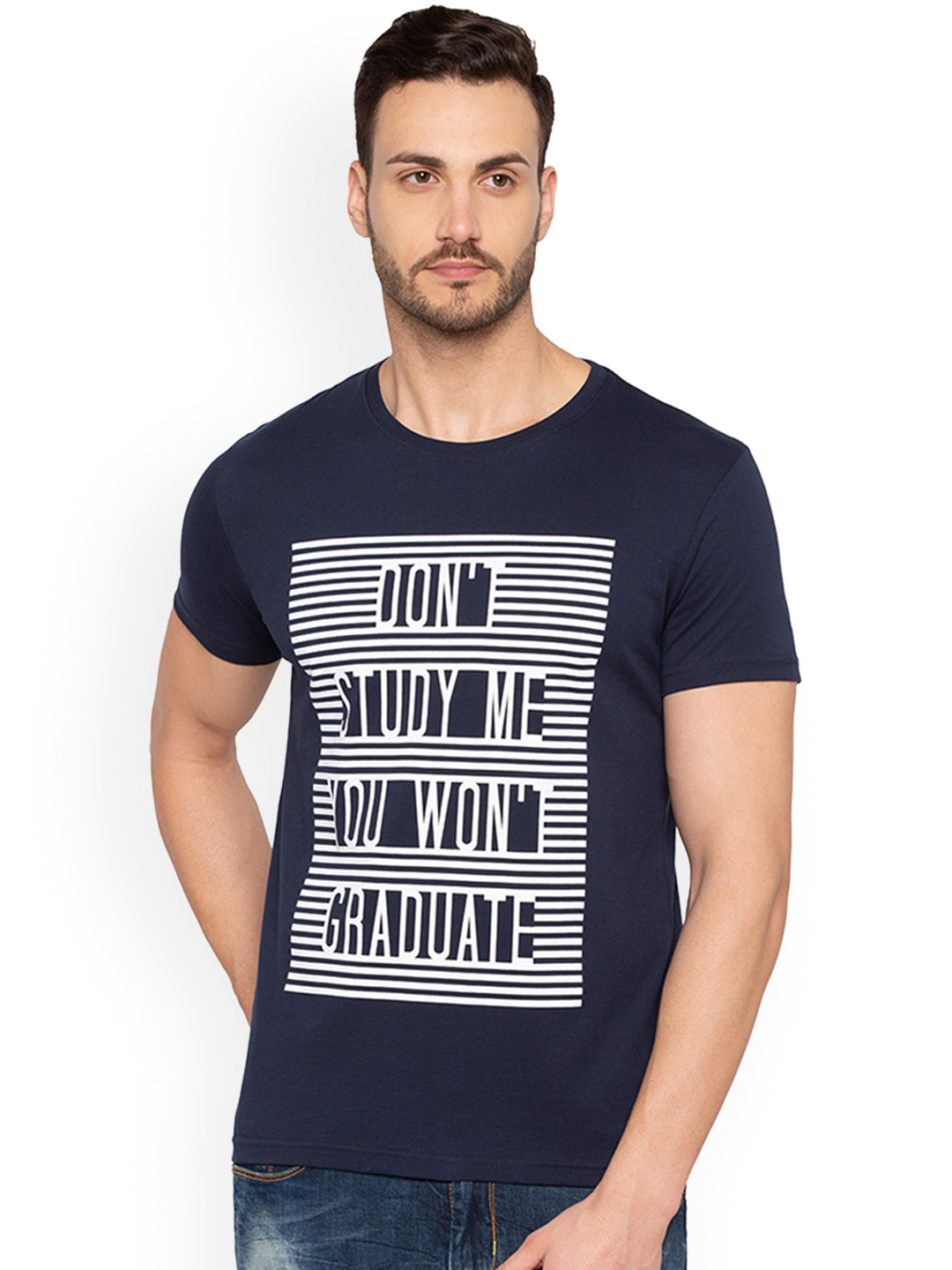 

Status Quo Men Navy Blue Printed Round Neck Pure Cotton T-shirt