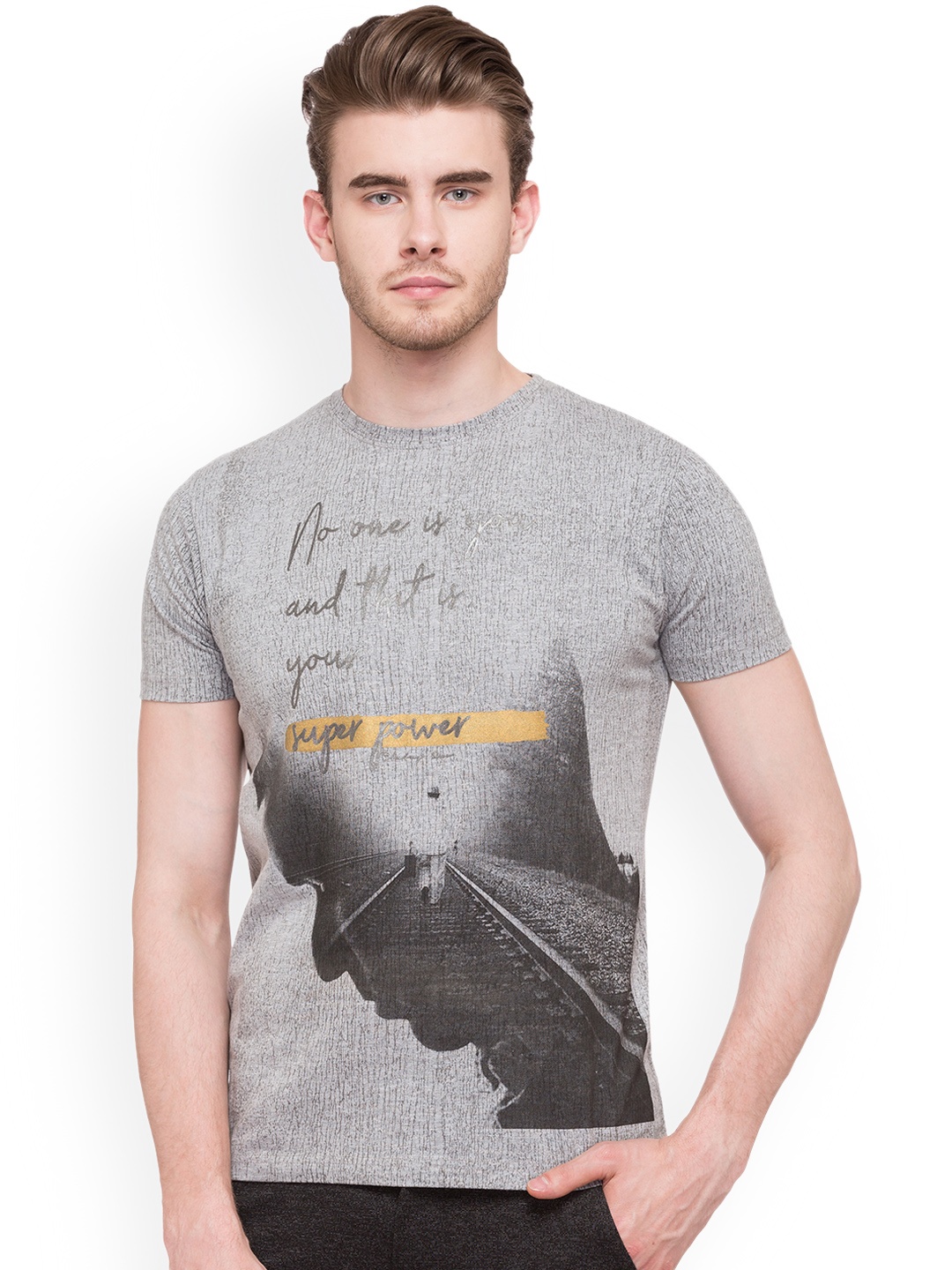 Status Quo Men Grey Printed Round Neck Slim Fit Pure Cotton T-shirt