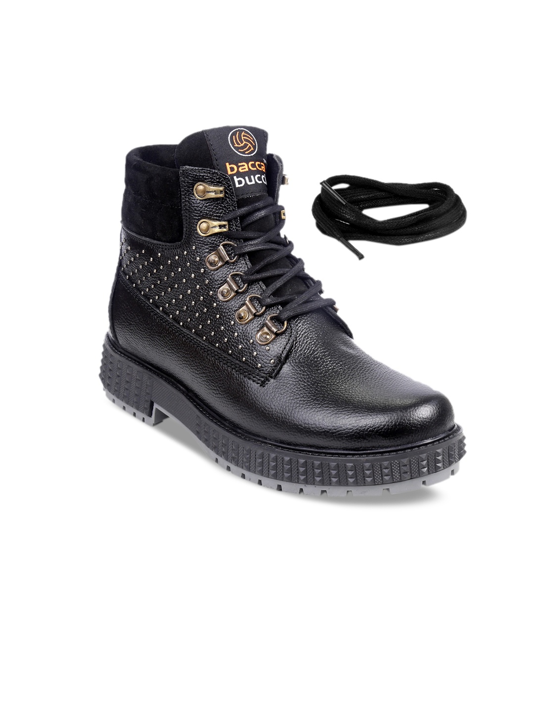 

bacca bucci Men Black Solid Leather High-Top Flat Leather Boots