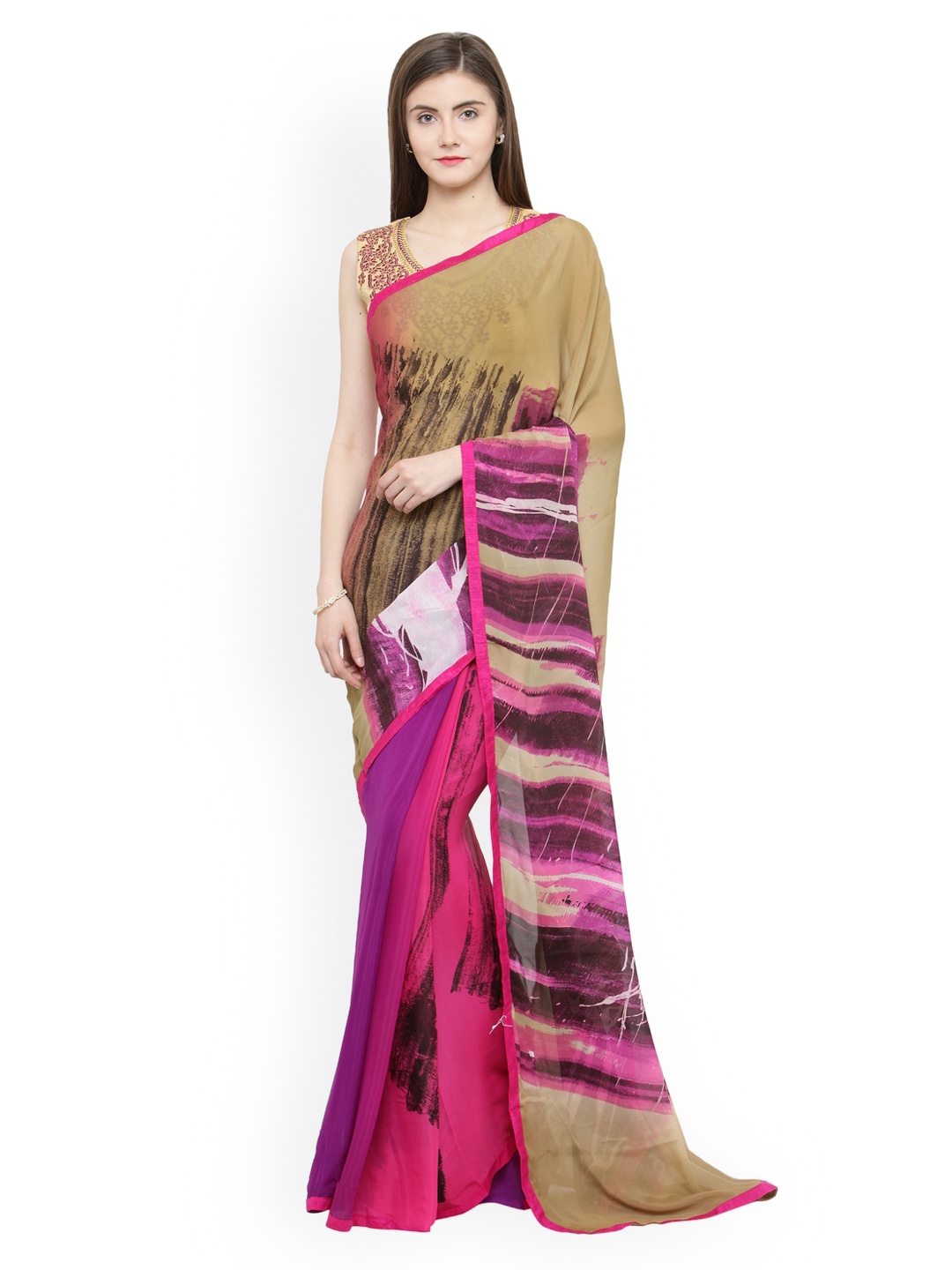 

Shaily Beige & Pink Pure Georgette Printed Saree