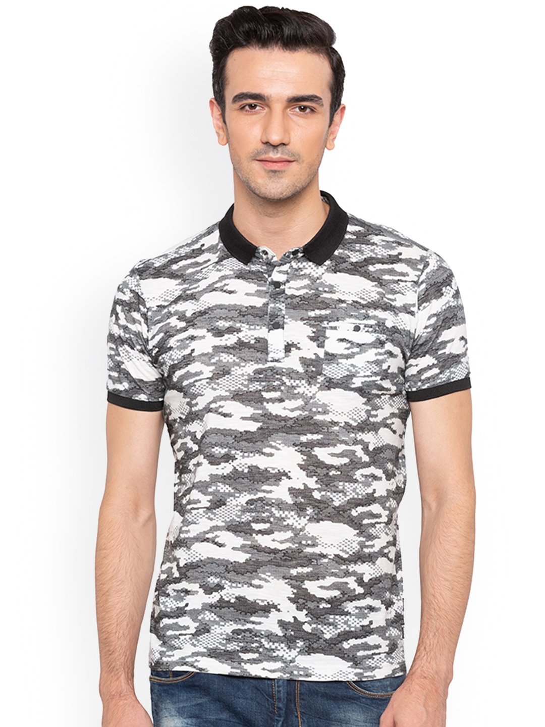 

Status Quo Men White Printed Polo Collar Pure Cotton T-shirt