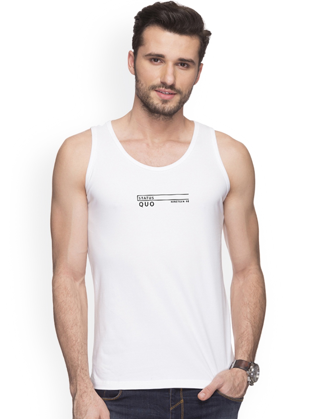 

Status Quo Men White Printed Round Neck Slim Fit Pure Cotton T-shirt
