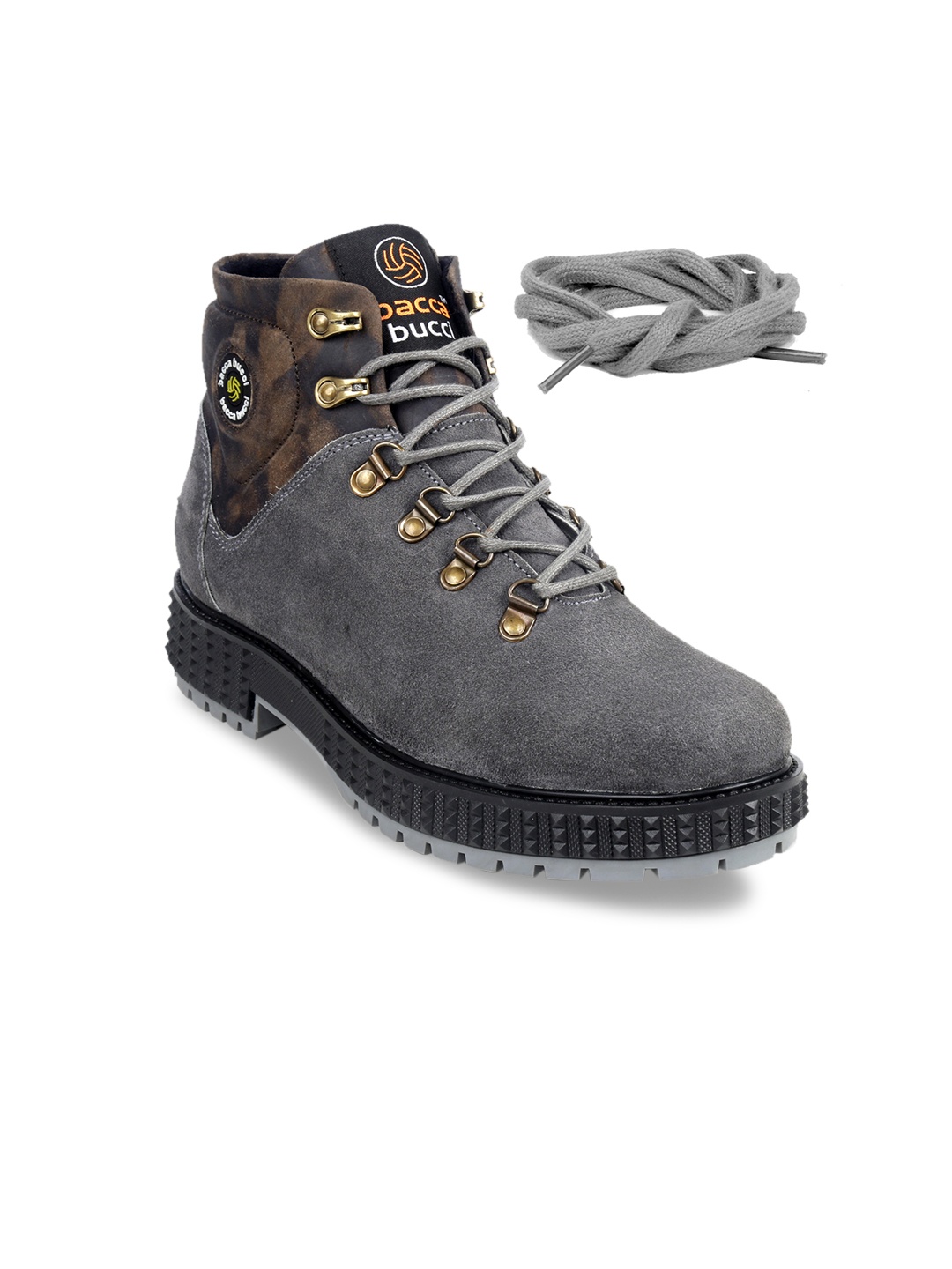 bacca bucci Men Grey Printed Suede High-Top Flat Boots