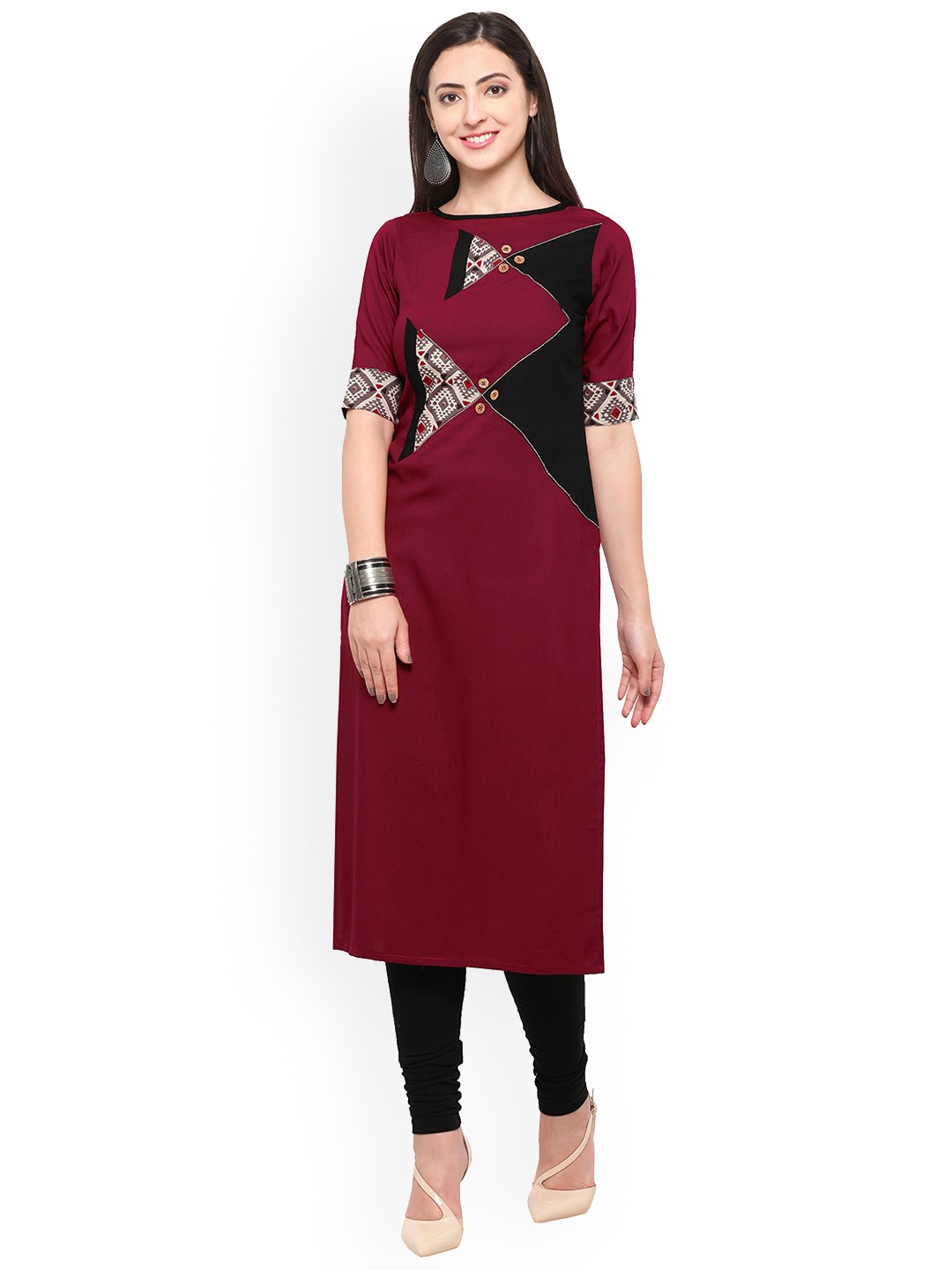 

Kvsfab Women Maroon Printed Straight Kurta