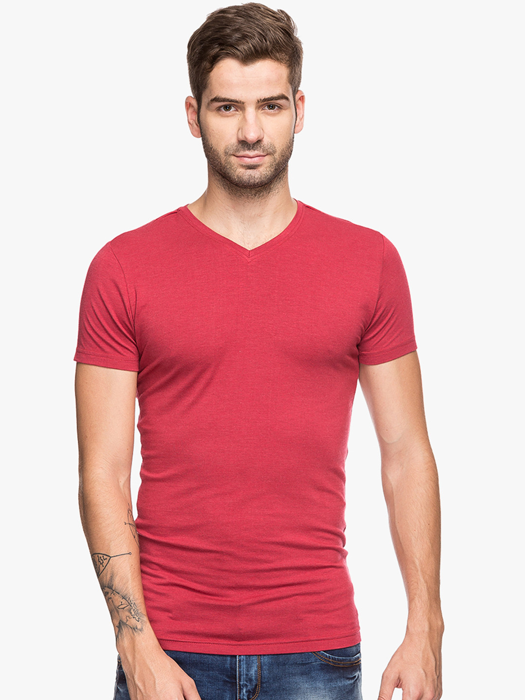 

Status Quo Men Magenta Solid V-Neck Slim Fit Pure Cotton T-shirt