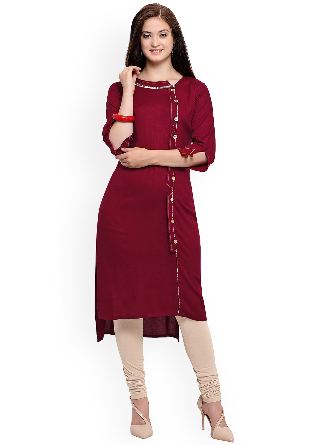 

Kvsfab Women Maroon Solid Straight Kurta