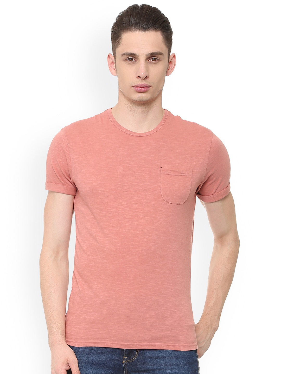 

People Men Pink Solid Round Neck Pure Cotton T-shirt