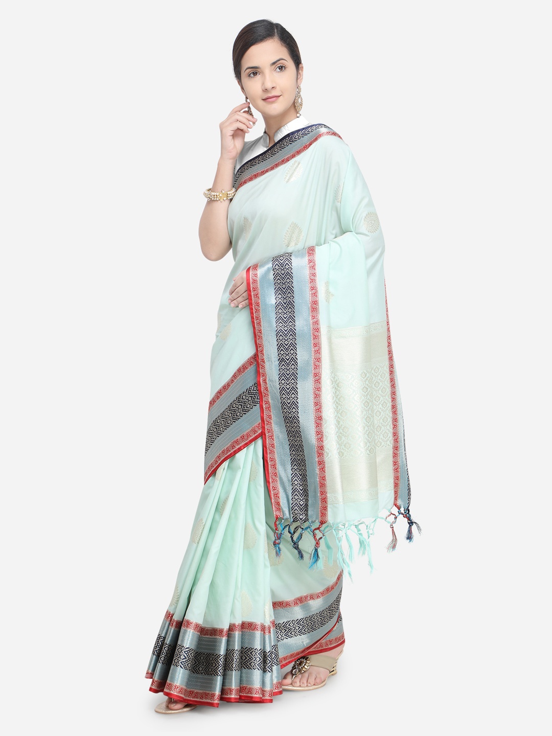 

Varkala Silk Sarees Sea Green & Sea Green Silk Blend Woven Design Banarasi Saree