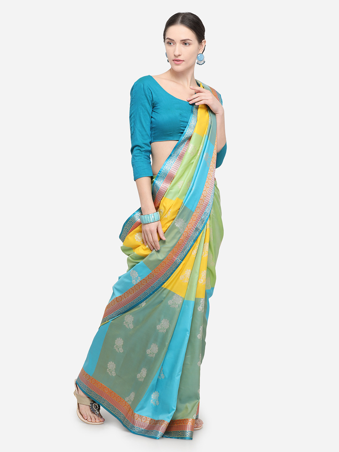 

Varkala Silk Sarees Turquoise Blue & Yellow Silk Blend Woven Design Banarasi Saree