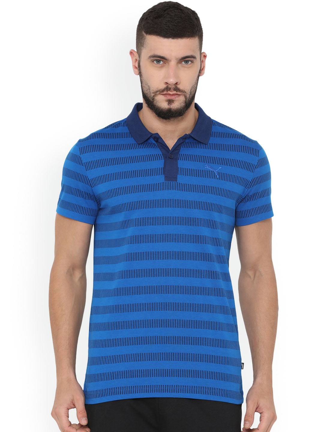 

Puma Men Blue Striped Polo Collar Sports Stripe Pique Polo T-shirt