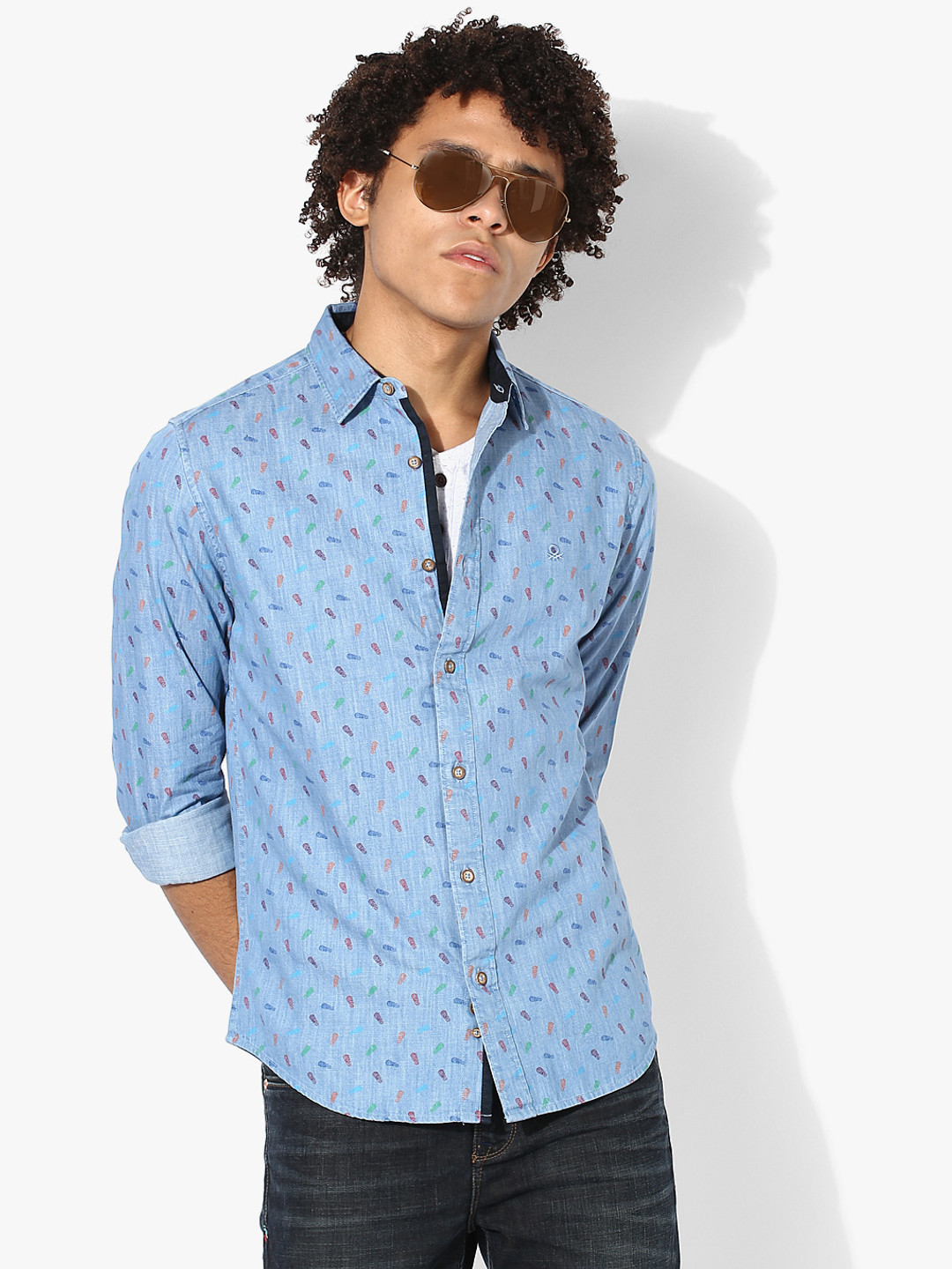 

Blue Printed Slim Fit Denim Shirt