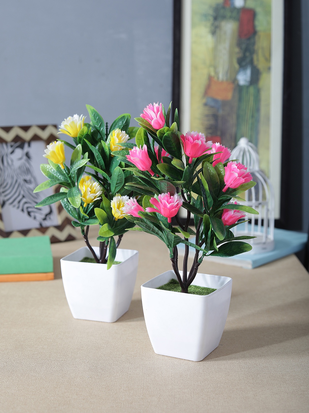 

FOLIYAJ Set of 2 Green, Yellow & Pink Artificial Plant With Pot