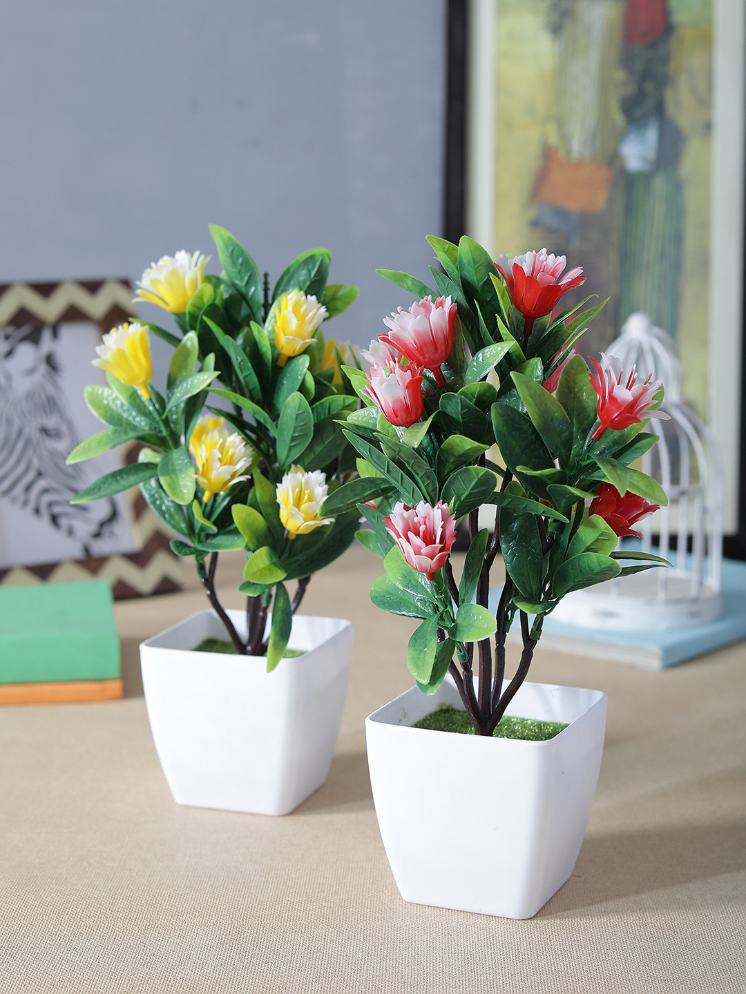 

FOLIYAJ Set of 2 Green, Yellow & Red Artificial Plant
