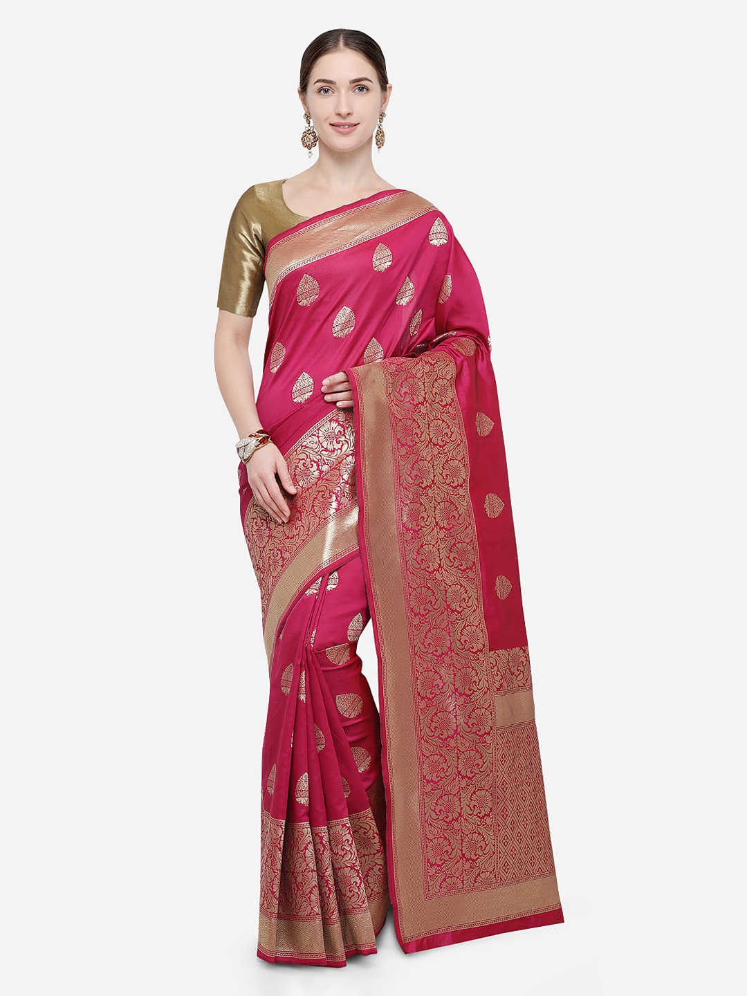 

Satrani Pink & Gold-Coloured Poly Silk Woven Design Kanjeevaram Saree