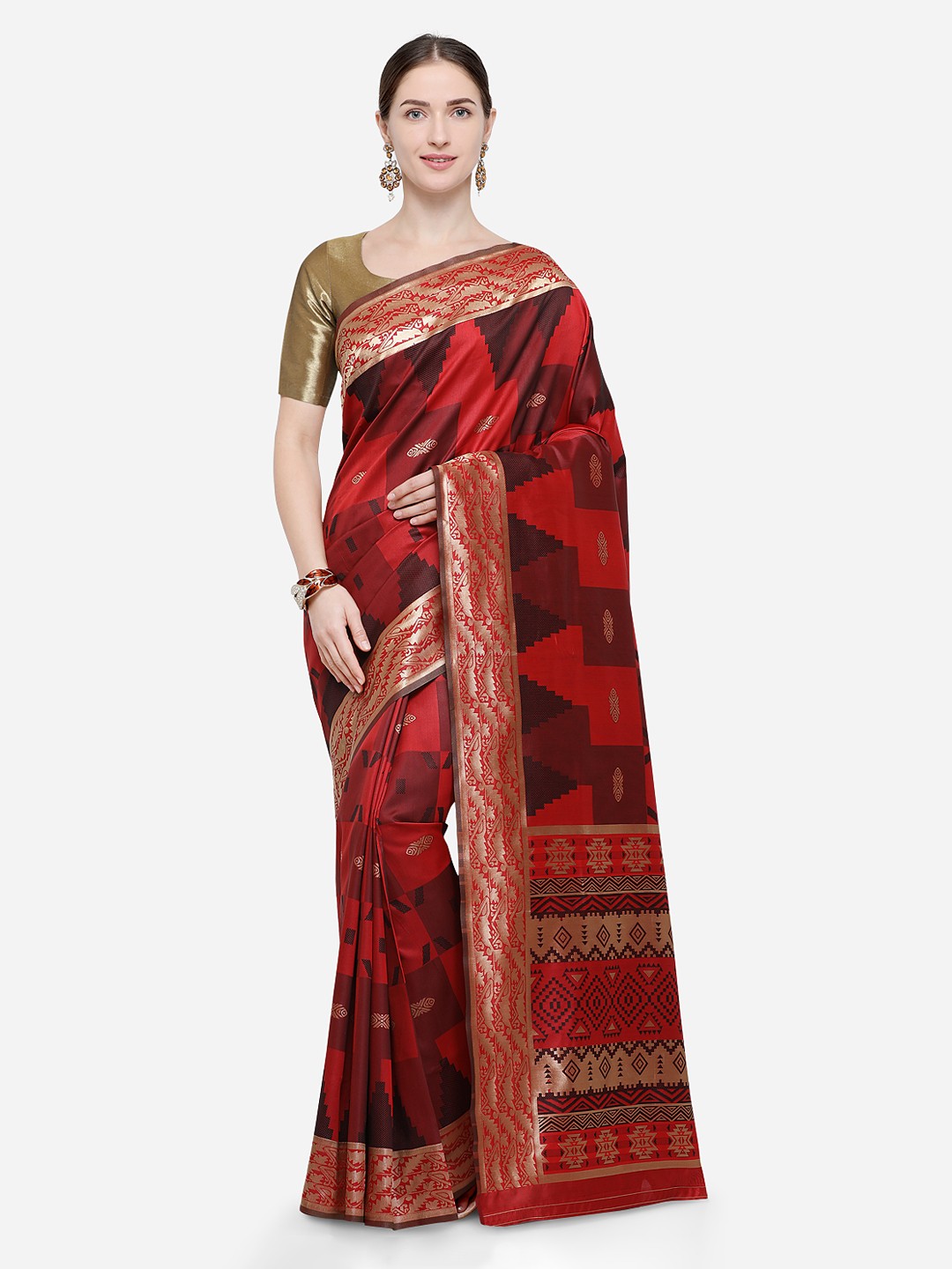 

Satrani Red & Black Poly Silk Woven Design Kanjeevaram Saree