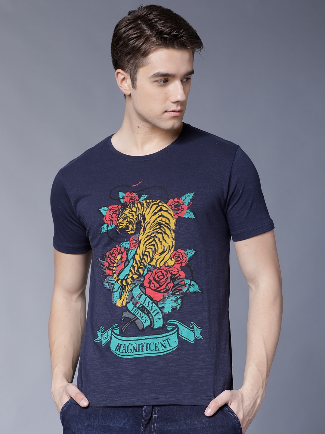 

LOCOMOTIVE Men Navy Blue Printed Round Neck T-shirt