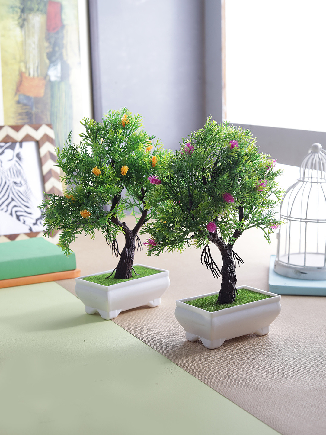 

FOLIYAJ Set of 2 Green, Orange & Purple Artificial Plant With Pot